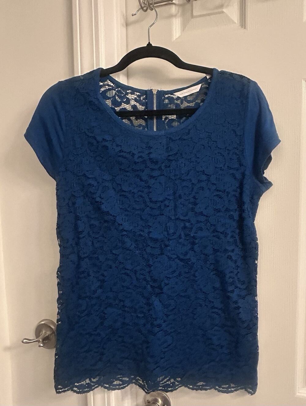 New York & Company Women’s Dark Green Floral Lace Top Short Sleeve Size M